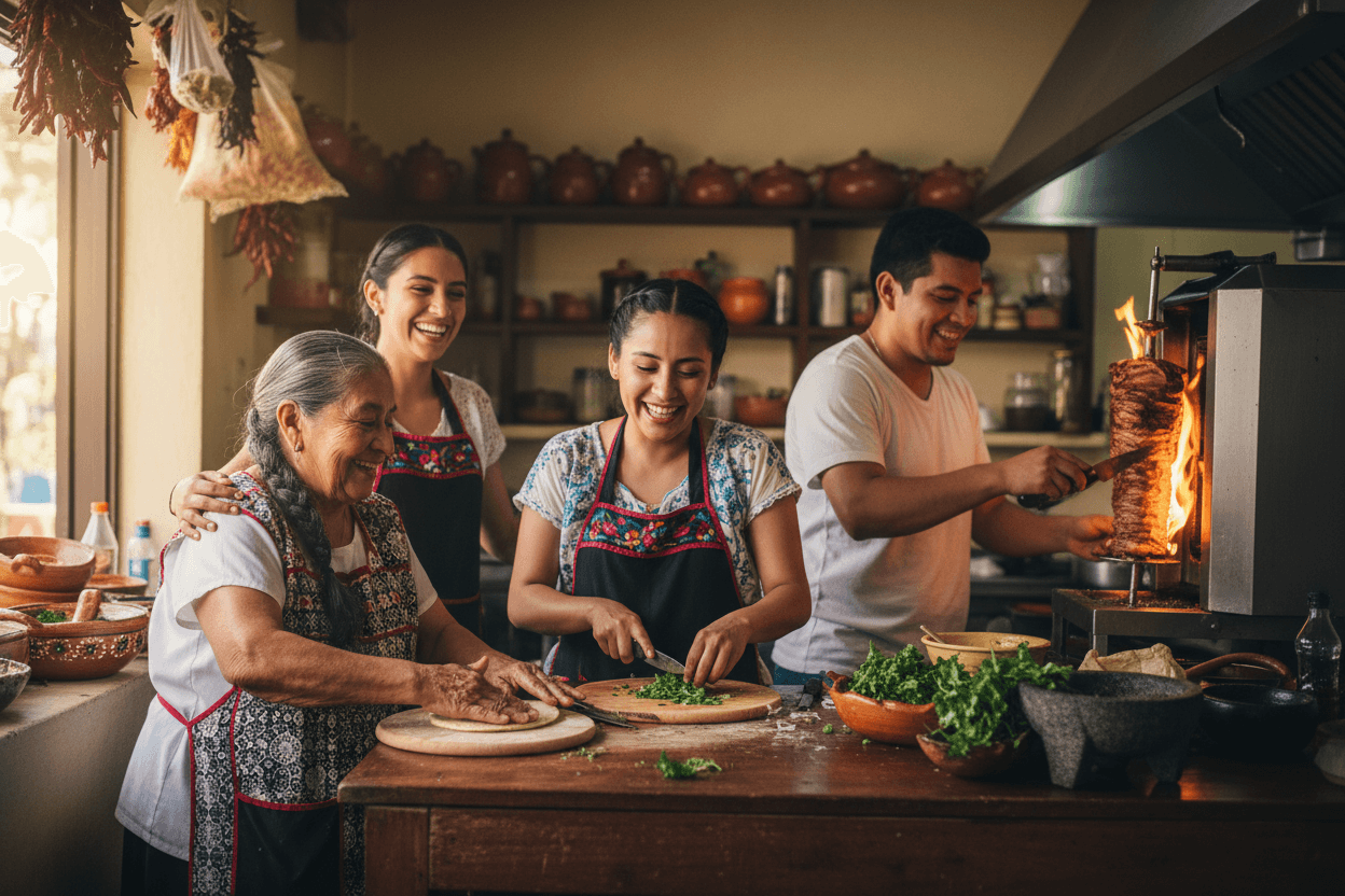Restaurant team preparing authentic Mexican food