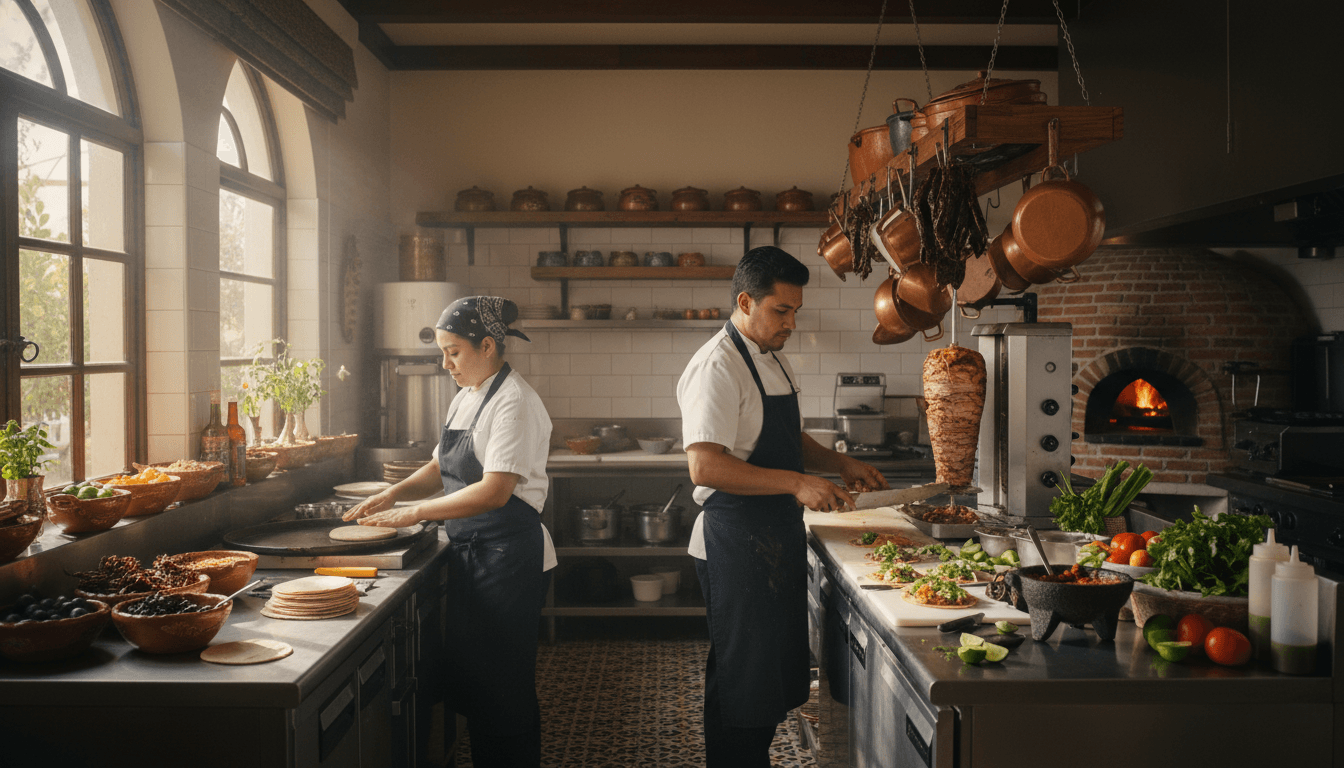 Chefs preparing authentic Mexican tacos in restaurant kitchen