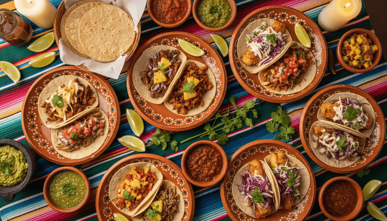 Variety of Mexican tacos with fresh toppings and salsas