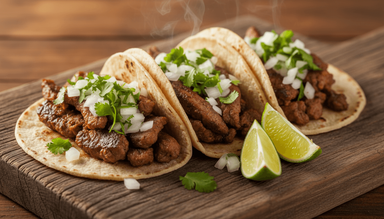 Authentic Mexican street tacos with carne asada, cilantro, and lime